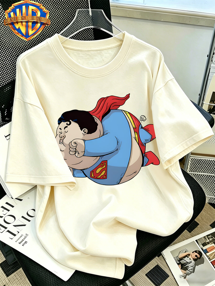 Warner Bros. Official Classic Chubby Superman Flying Print T-Shirt, Men'S 100% Casual Comfortable Multi-Functional Loose Summer Short Sleeve T-Shirt, Suitable for Outdoor Wear - Apricot