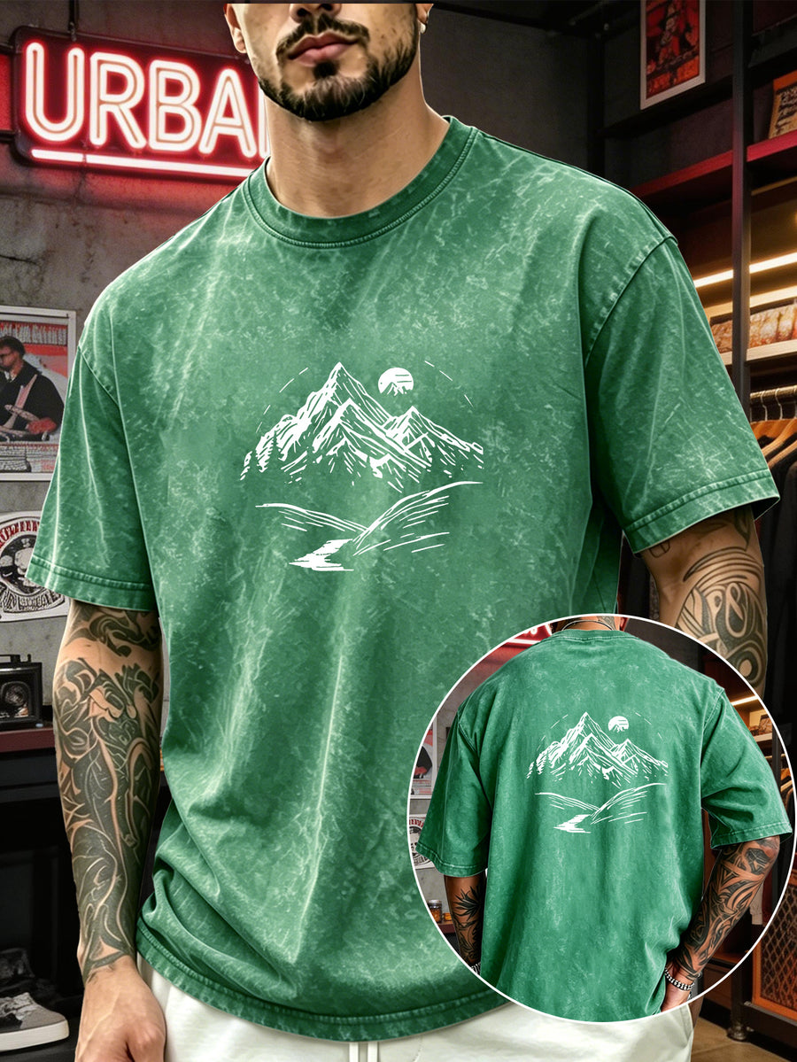 Men's Heavyweight T-Shirt Washed Distressed Fashion Print 2026 Summer New Urban High Street Hiphop Style Vintage Acid Wash Casual Gym Workout Top Pure Cotton Breathable Base Shirt - Green