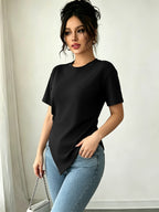 Women's Summer Round Neck Irregular Diagonal Hem Short Sleeve T-Shirt with Side Pleats, Waist-Defining Slim Fit, Unique Niche Design, Versatile Solid Color Pullover Top - Black