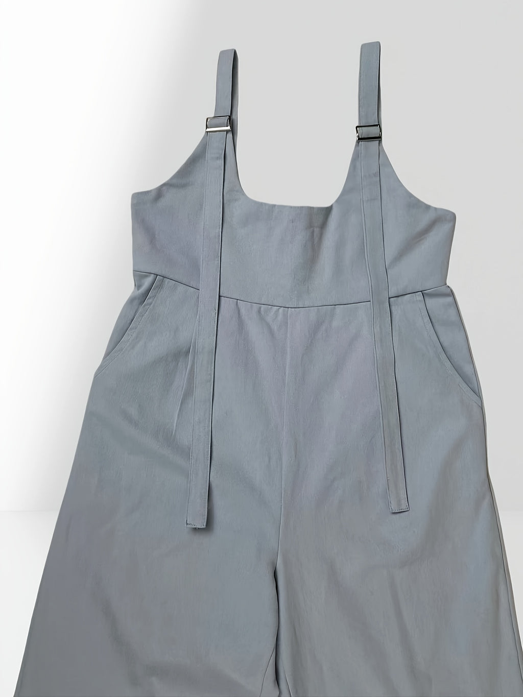 Round-neck pocket design one-piece pants, casual solid backless sleeveless wide-leg jumpsuit - Bright Steel Blue