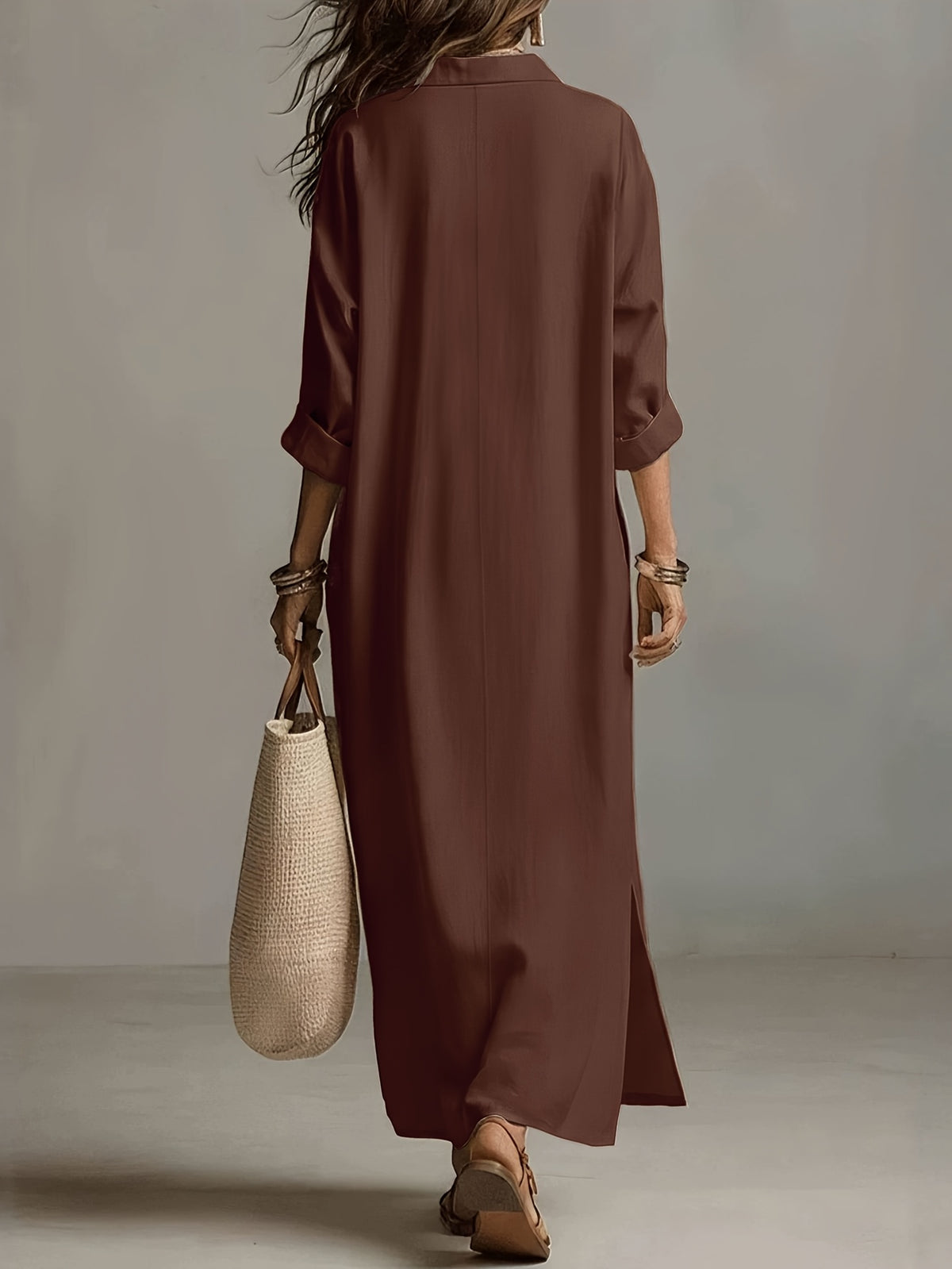 Autumn Casual Solid Color Lazy Style Long Sleeve Shirt Dress for Women, Double Pocket Design, Loose Fit with Side Slit Long Dress, Adds a Touch of Vintage Charm, Moderately Thick, Breathable, Skin-Friendly, and Soft Fabric, Versatile Style - Dark Brown