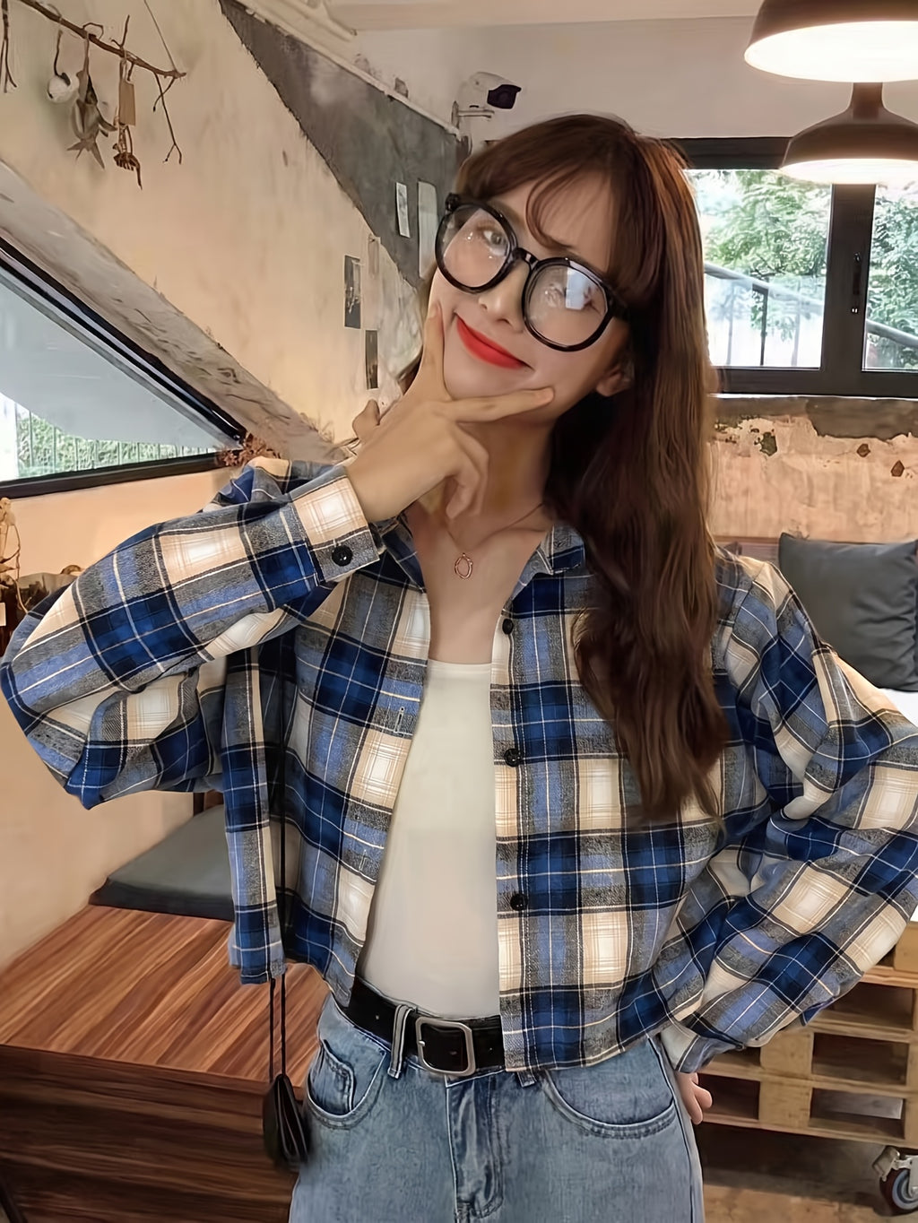 Short Sleeve Plaid Long Sleeve Casual Shirt for Women - Royal Blue Plaid