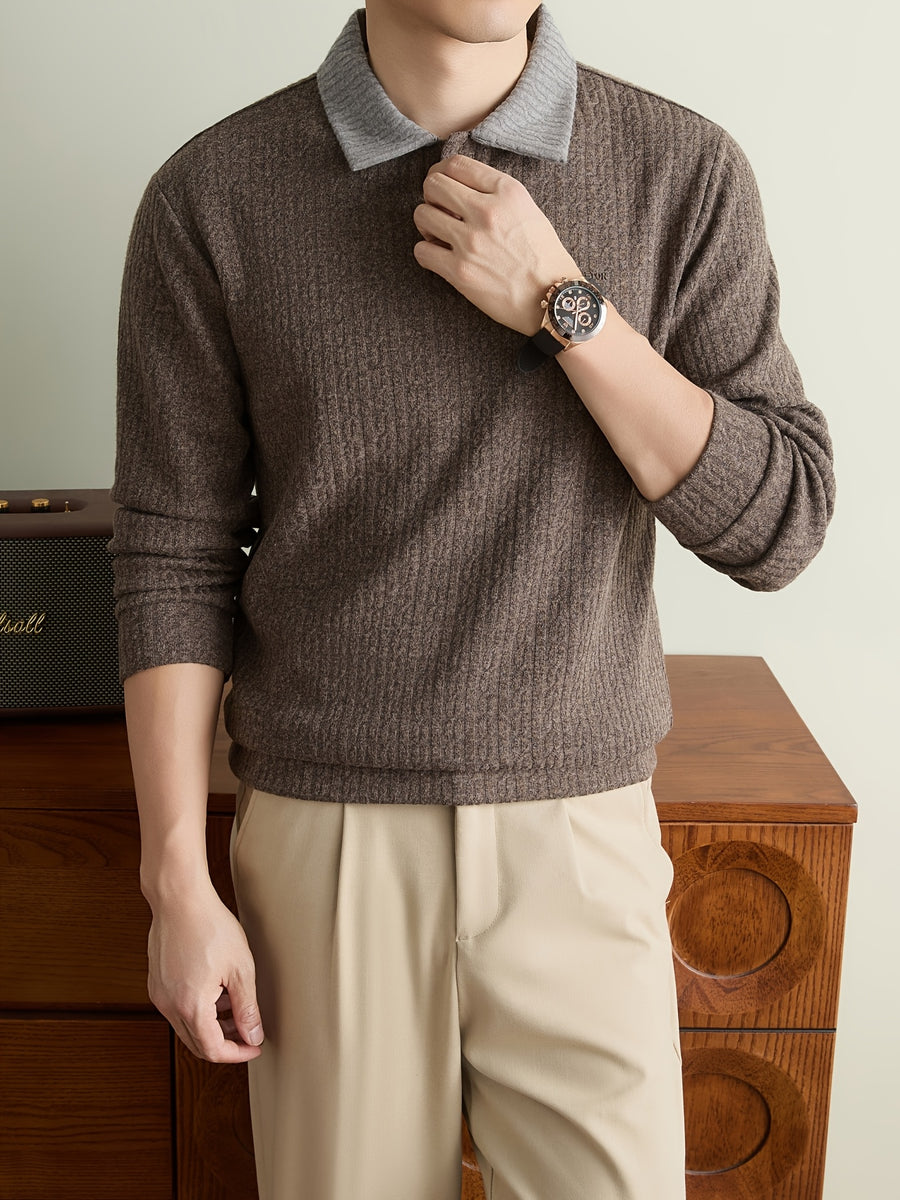 [Whale-Crossing Lan OBM] 1pc Autumn/Winter New Men'S Knit Pullover Sweater, Preppy Style Color-Block Lapel Half-Button Long Sleeve Knit Pullover, Men'S Business Casual Fashion Ribbed Sweater, Suitable for Spring, Autumn - Coffee Color