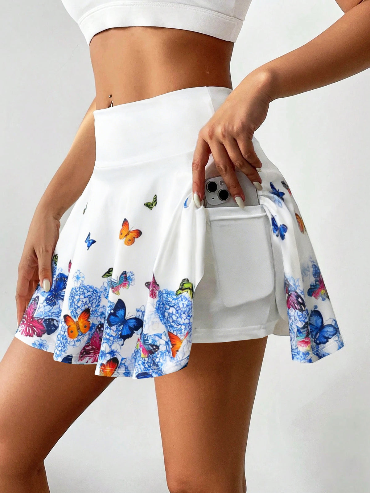 Ladies' Fashionable Elastic Skirt Pants with Butterfly Print | Casual Style, Summer Season, Suitable for, Commuting, Includes Pockets - White