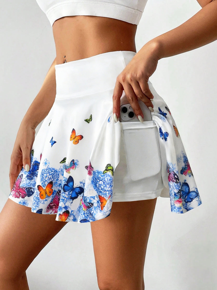 Ladies' Fashionable Elastic Skirt Pants with Butterfly Print | Casual Style, Summer Season, Suitable for, Commuting, Includes Pockets - White