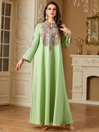 Middle Eastern Ramadan Fashion Beaded Rope Embroidery V-Neck Long Sleeve Dress - Green