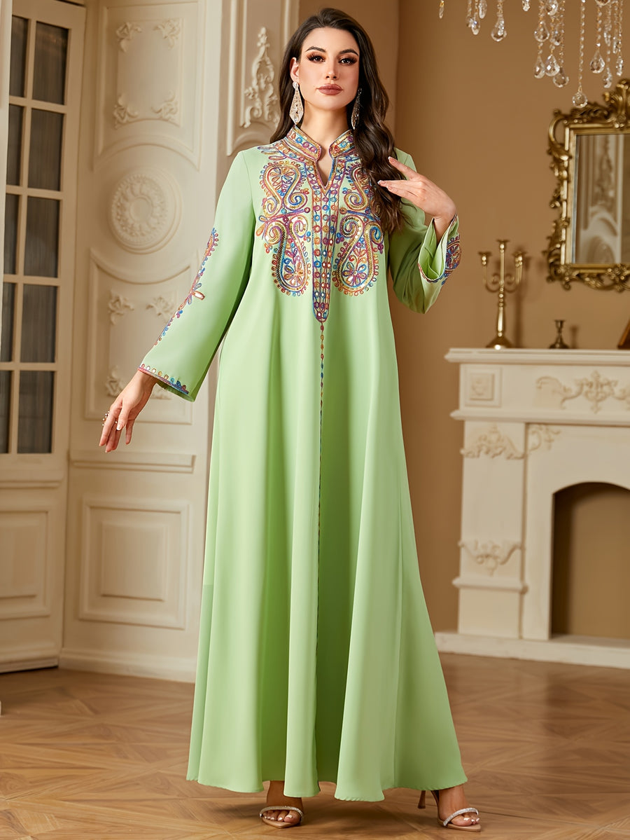 Middle Eastern Ramadan Fashion Beaded Rope Embroidery V-Neck Long Sleeve Dress - Green