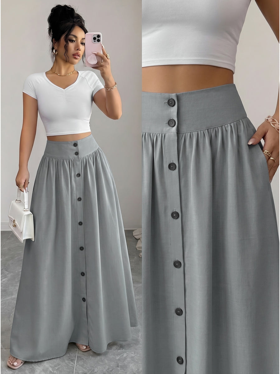 Women'S Button-Long Skirt, Fashionable Versatile Vacation Office Christmas Date Spring Autumn New - Grey