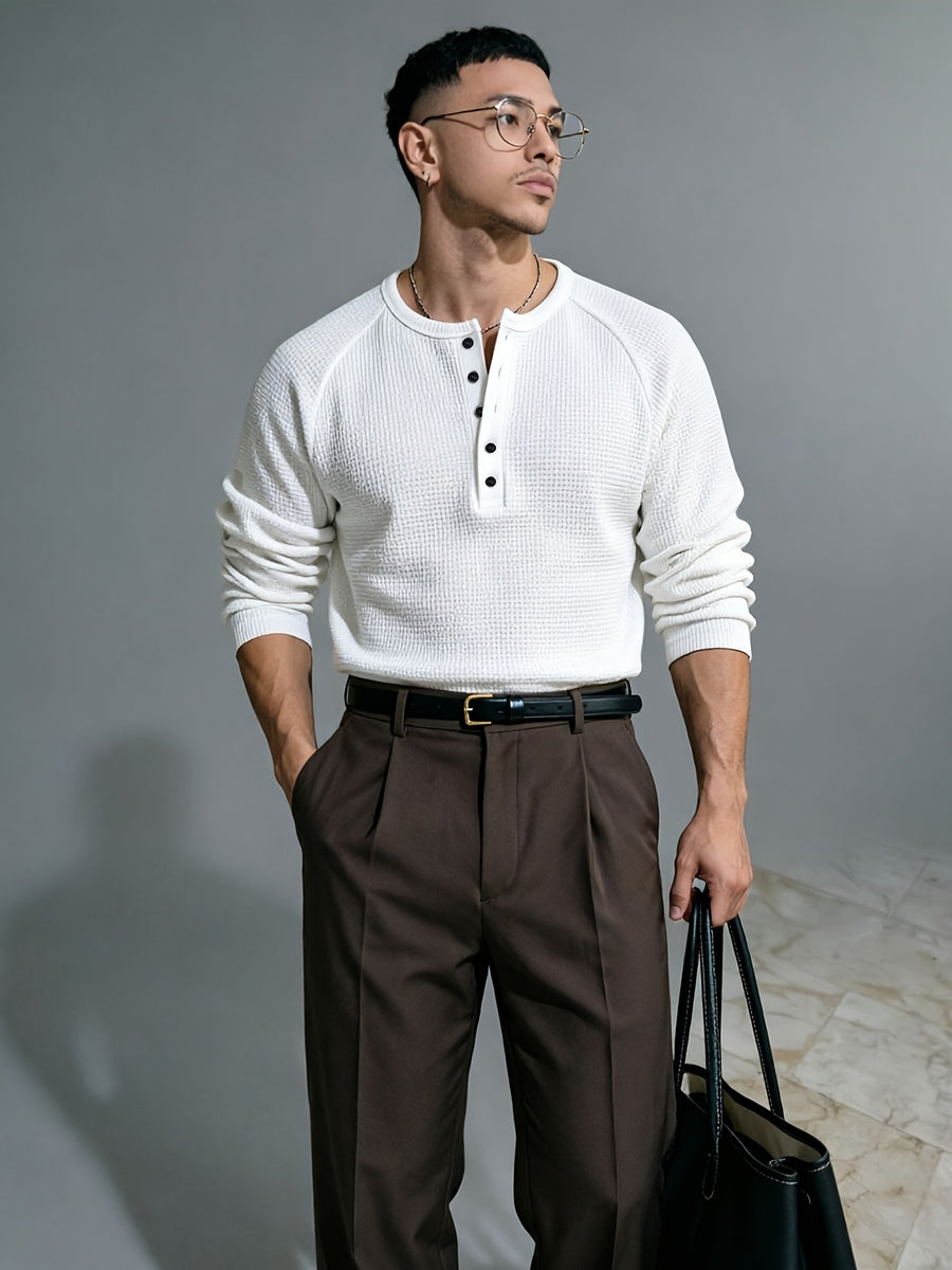 3pcs Men's Waffle Knit Henley Long Sleeve Button-Up Shirt, Suitable for Daily / Dating / Workplace / Casual Multi-Scene Wear - Black+white+black