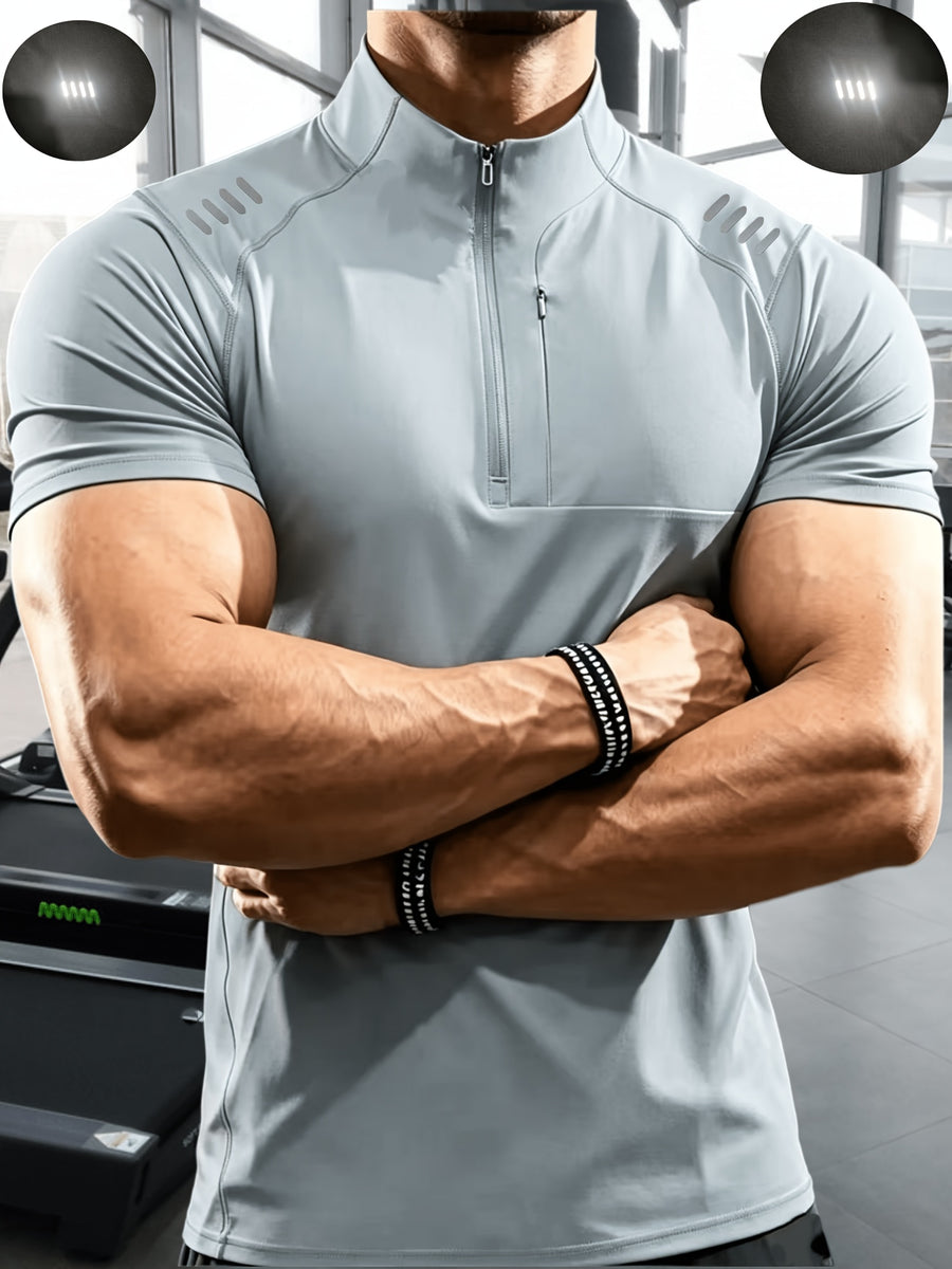 Men'S Muscular Fitness High-Elastic Training Quick-Dry Fitness Wear, Individual Print Patterns, Slim Fit Summer Casual Short Sleeve Shirt T-Shirt - Breathable Elastic Fabric, Stand-Up Collar Design with Open Chest Zipper - Light Blue