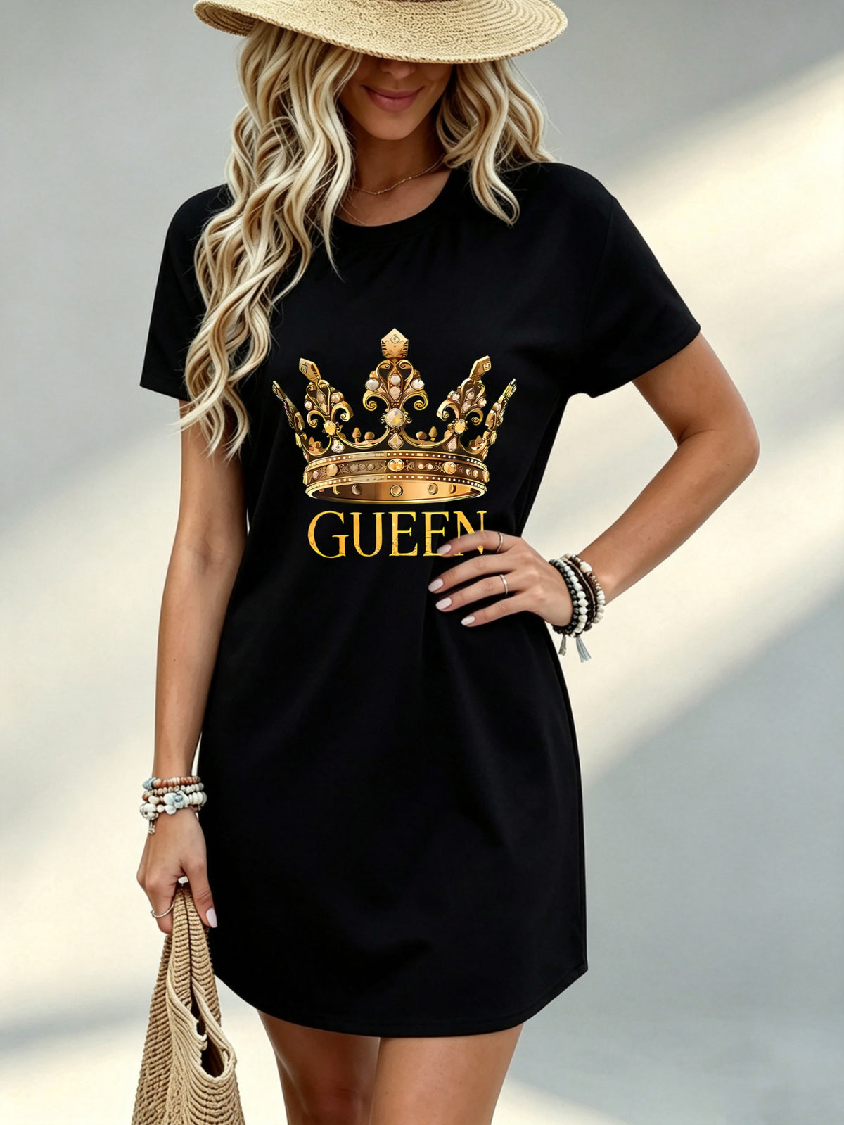 Printed Design - Not Textured, Casual, Women'S Dress, Crown Queen Graphic, Beach Vacation, Gift for Her, 100% - Black