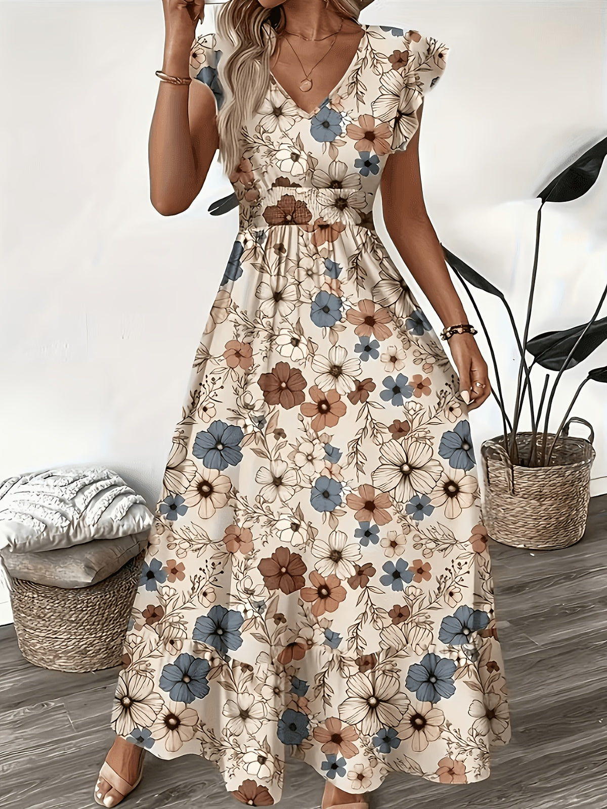 Printed Puff Sleeve Maxi Dress - Mixed colors