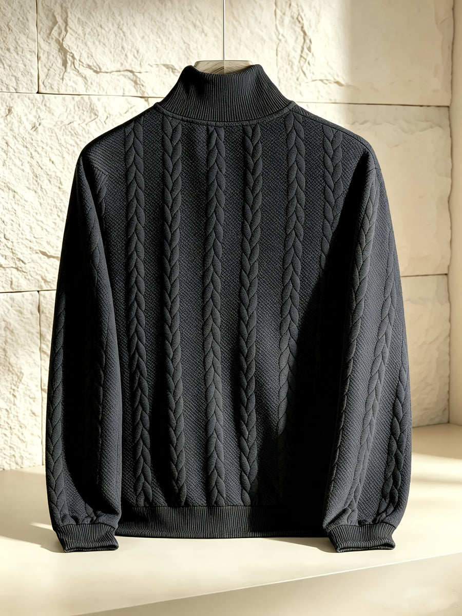 BOWZ Men's Knitted Top, Patchwork Design Stand Collar Sweatshirt with Zipper, Autumn/Winter Warm Sweater, Loose Fit, Suitable for Outdoor Vacations, Casual Sports, Random Jacquard Texture - Black