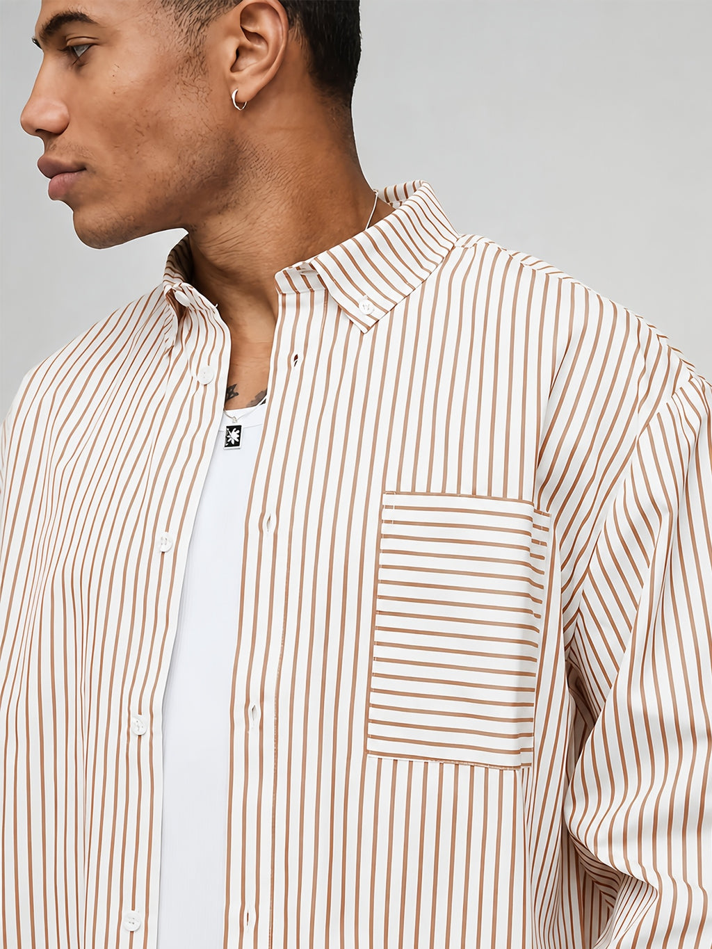 Men's Short Striped Casual Long-Sleeve Button- Shirt with Lapel, Suitable for Spring/Autumn Outings, Vacations, and Daily Wear, Men's Fashion Apparel - Camel