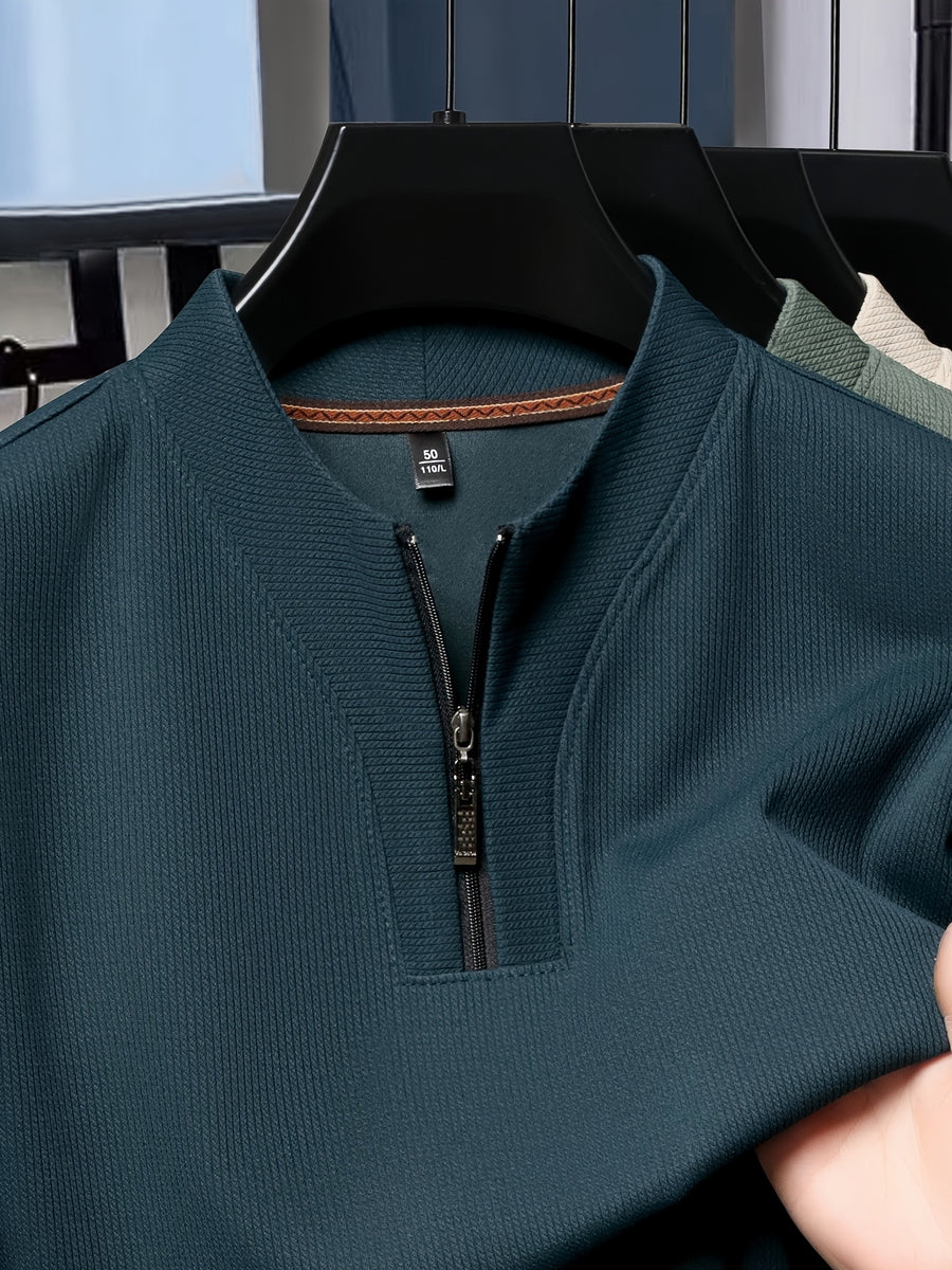 SaXing OBM New Spring/Summer Men's Polo Shirt, Solid Color Textured Ribbed Cable Knit Half-Placket Zipper Style Stand Collar Short Sleeve T-Shirt, Men's Business Casual Fashionable Breathable Versatile Henley Knit Pullover Base Layer Top - Sea Blue