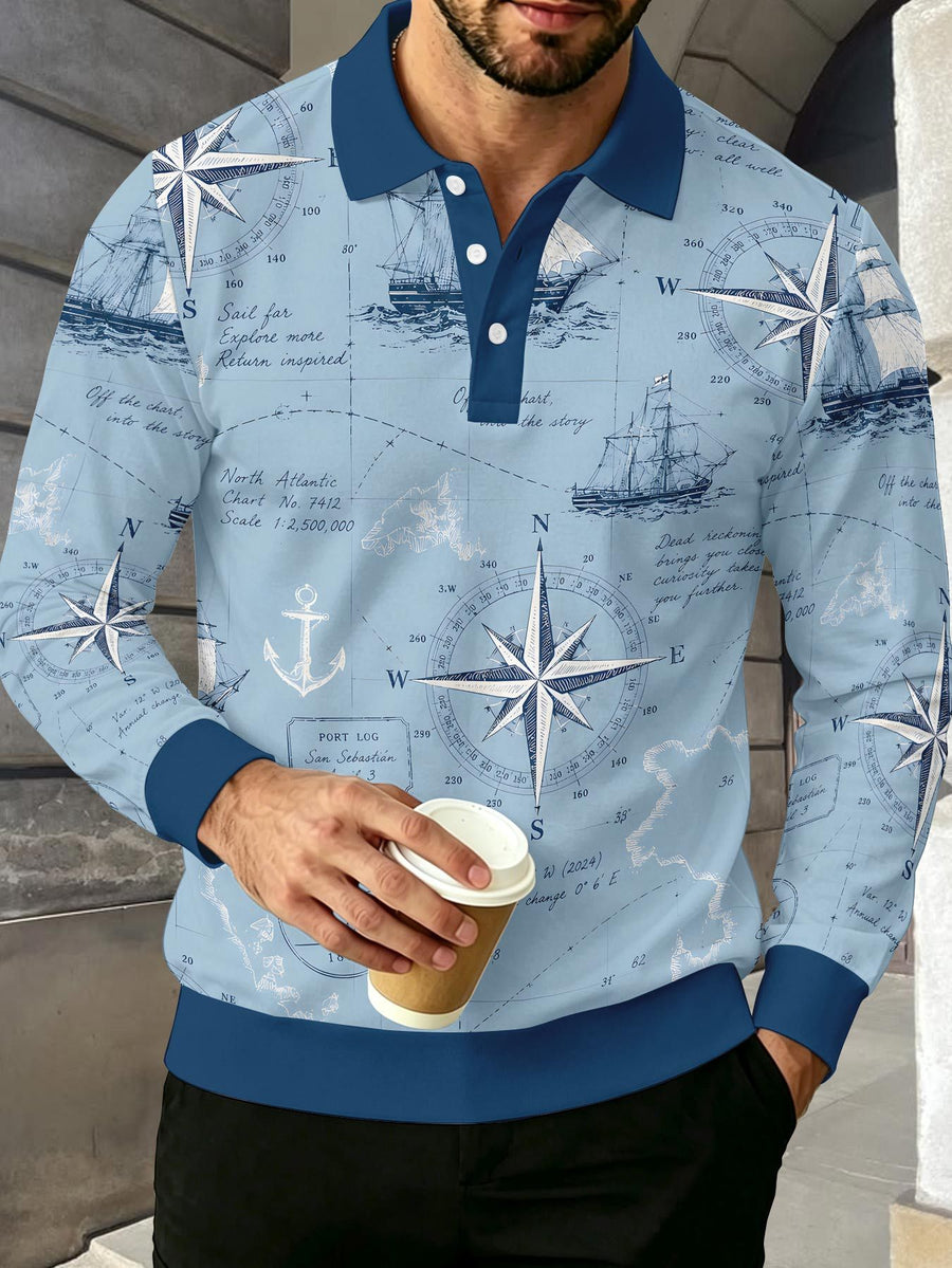 Men's Contrast Color Long Sleeve Polo Shirt, Lapel Collar Three-Button Casual Top with Vintage Nautical Manuscript Print, Versatile Men's Apparel for Spring/Autumn Business Commuting and Golf, Surprise Birthday/Holiday Gift for Young Men - Mixed Color D
