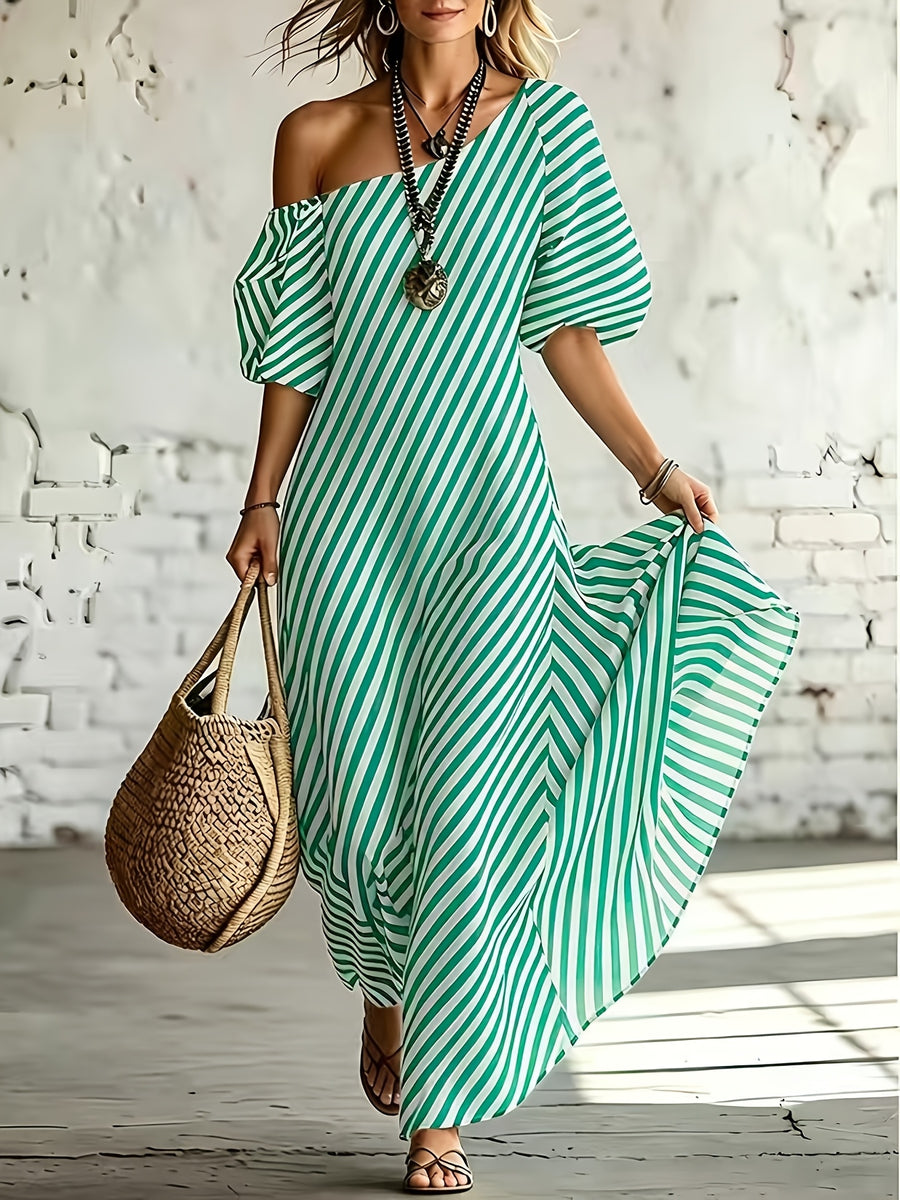 Women'S Elegant Asymmetrical Shoulder Stripe Long Dress, Summer Bohemian Vacation Loose Short Sleeve Maxi Skirt - Green