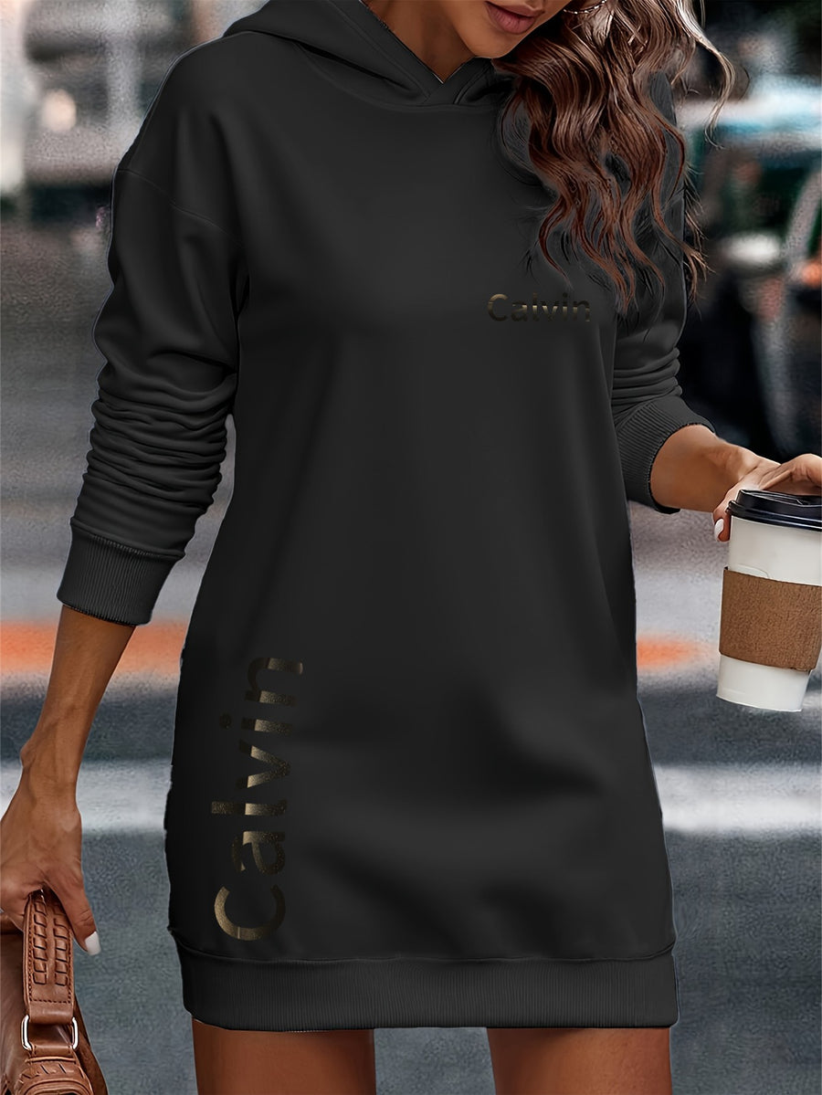 Long Hooded Sweatshirt, Dress Style Sweatshirt, Relaxed Women'S Commuting Look, Baggy Fit, Heat Transfer Design, Stretchy Ribbed Cuffs And Hem, Soft And Cozy Material, Available in Three Colors: Blue, Black, And Red - Black