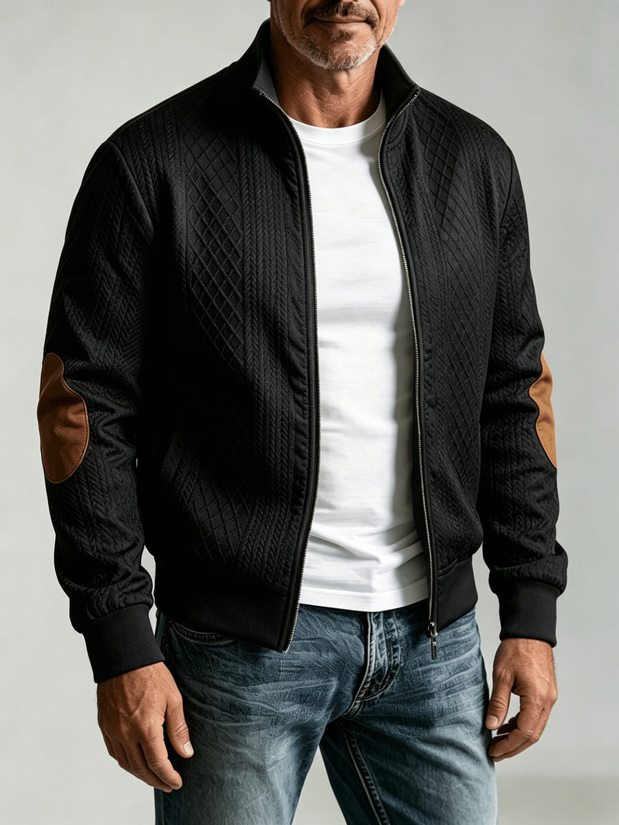Spring/Autumn New Men's Stand Collar Rhombus Jacquard Baseball Jacket, Middle-Aged Business Casual Velvet Elbow Patch Design Knitted Cardigan, European and American Style Simple Versatile Solid Color Zipper Outerwear Top - Black