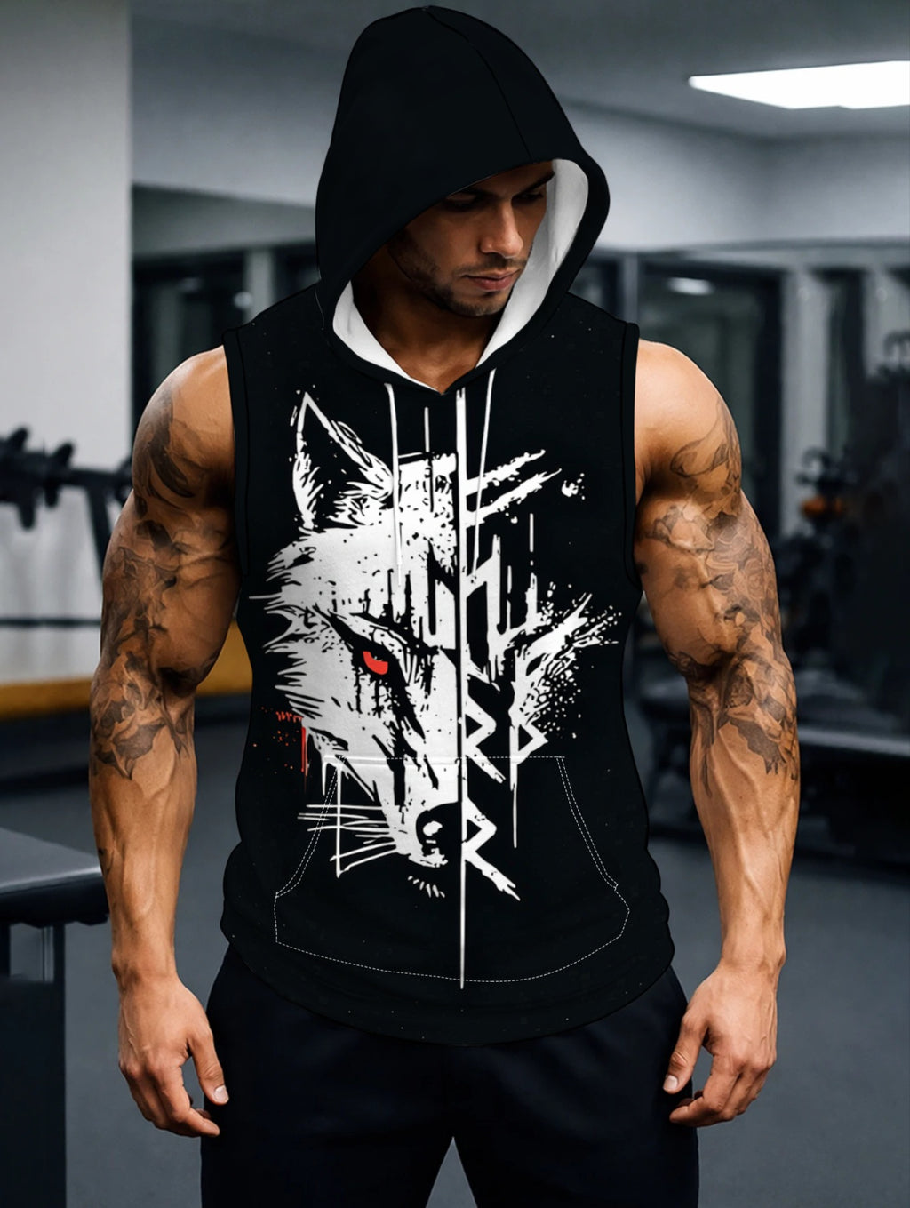 Men's Hooded Sleeveless Top with Stylish Wolf Head Print, Comfortable & Breathable Sports Vest for Daily Fitness, Trendy Casual Wear, Perfect for Gym and Outdoor Activities, Fashionable Design - Mixed colors