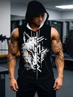 Men's Hooded Sleeveless Top with Stylish Wolf Head Print, Comfortable & Breathable Sports Vest for Daily Fitness, Trendy Casual Wear, Perfect for Gym and Outdoor Activities, Fashionable Design - Mixed colors