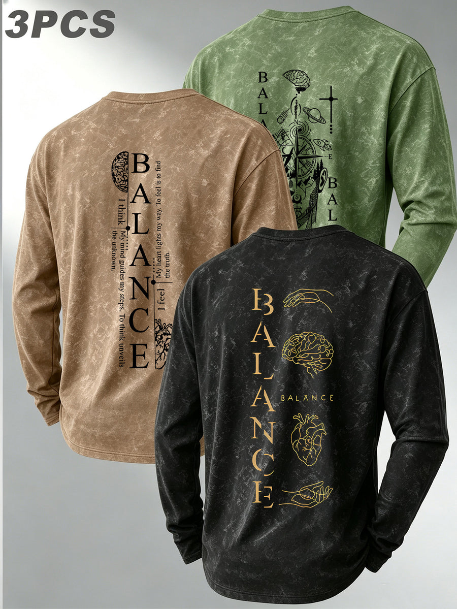 Versatile Basic 3pcs Set Distressed Long-Sleeve Men's Washed Crew Neck Daily Commute Casual Long-Sleeve Top - Black+khaki+green
