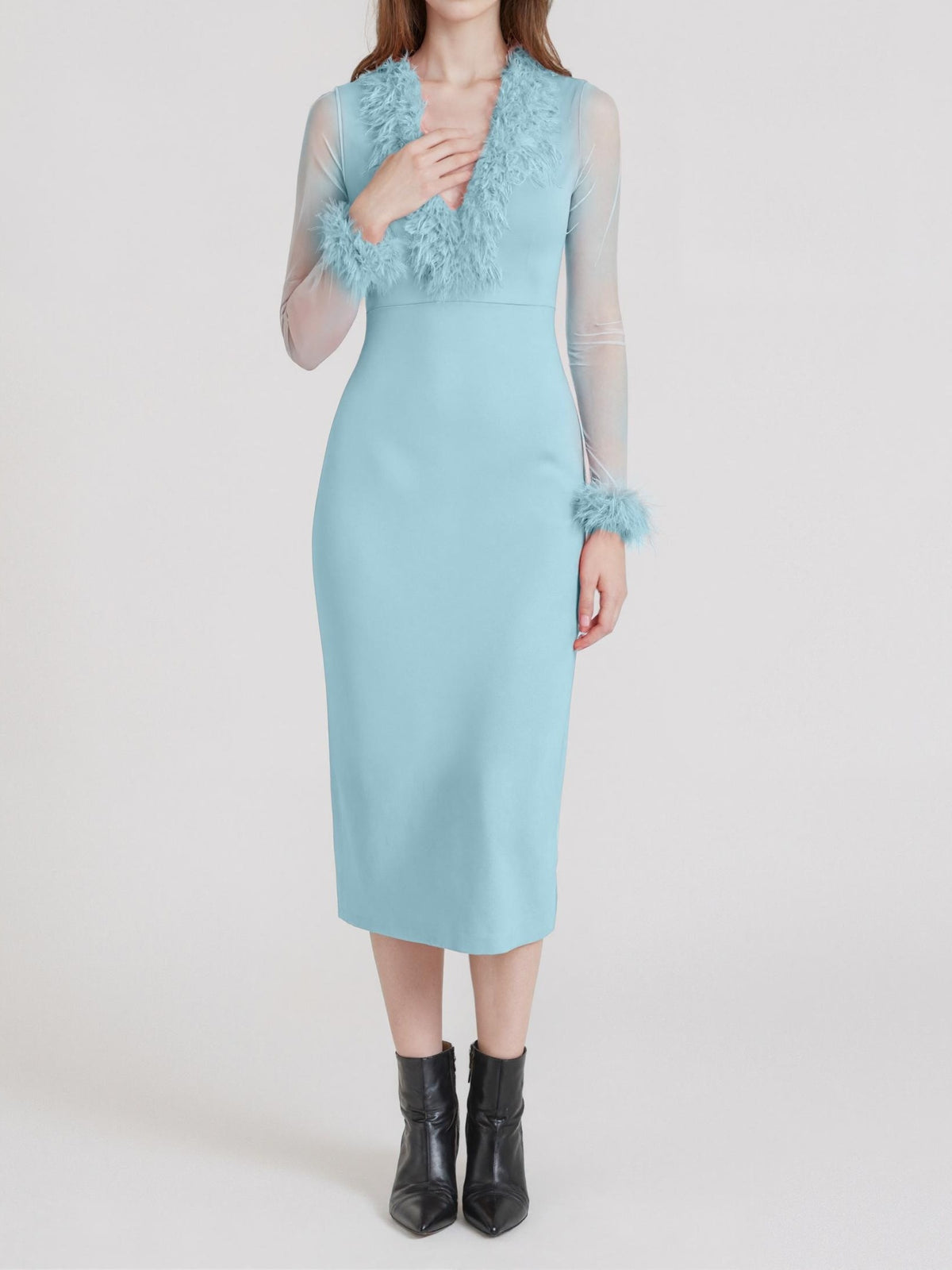 European And American Style Party Dress with Long Sleeves, Deep V-Neck, Mesh Sleeves, Fitted Silhouette, And a Slit, Perfect for Party Occasions - Sky Blue