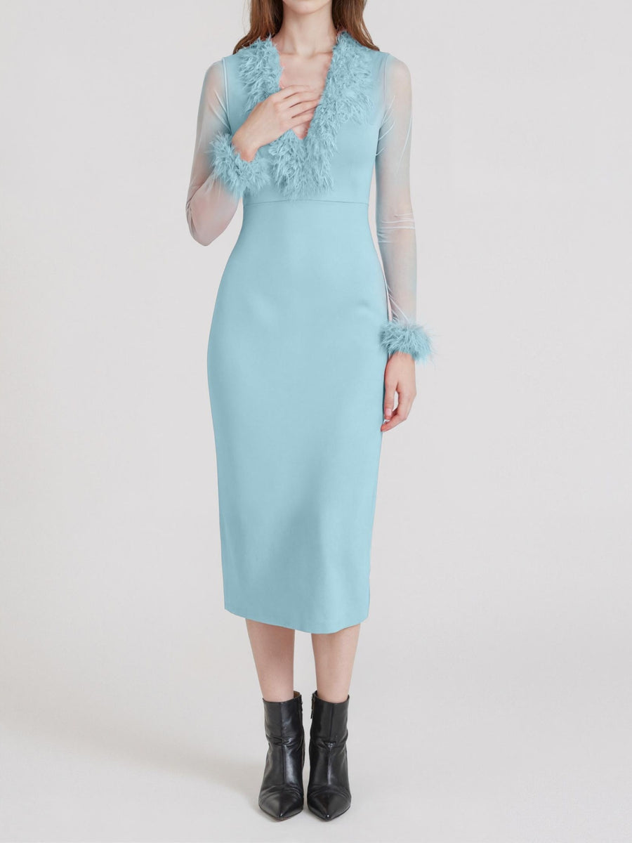 European And American Style Party Dress with Long Sleeves, Deep V-Neck, Mesh Sleeves, Fitted Silhouette, And a Slit, Perfect for Party Occasions - Sky Blue