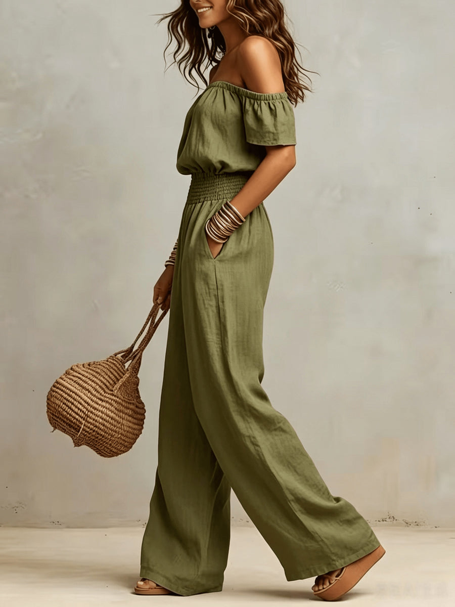 Vintage Off-the-Shoulder Sexy Sleeveless Drawstring Waist Wide-Leg Jumpsuit - Olive Green