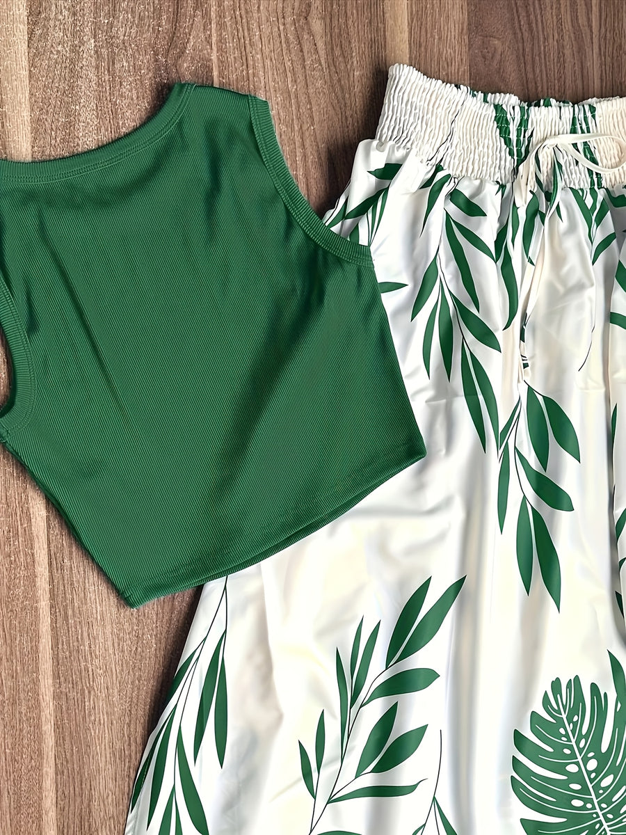 Summer Women'S Daily Vacation Floral Print Skirt And Solid Color Sleeveless Top 2pcs Set - Mixed colors