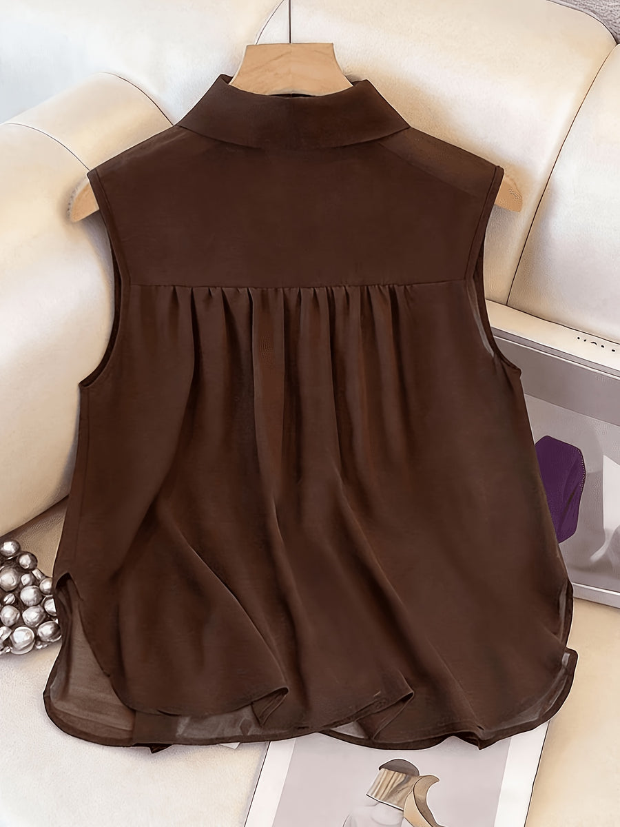 GlowEve Coffee Sleeveless Pleated Chiffon Casual Loose Fit Top for Women - Dark Brown