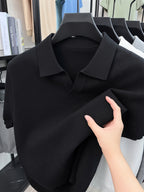 [Qiaoximei OBM] Summer Men'S Premium Casual Henley Shirt | Knit Style Men'S Top, Full Pineapple Jacquard Decoration, Summer Men'S Henley Collar Short Sleeve Base Layer, Lapel Men'S Top, Easy And Fresh for Single Wear - Black
