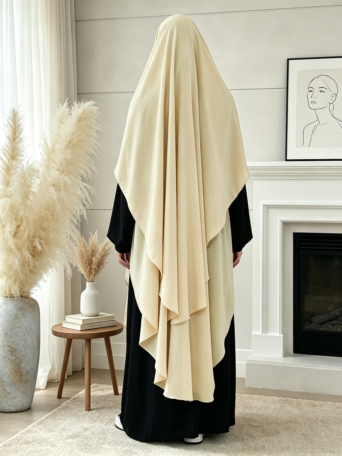 1pc High-Quality Pearl Chiffon Double-Layer Design Breathable And Private Kimmar Scarf Matching Any Abaya Women'S Daily Wear Prayer Use All Seasons - Apricot