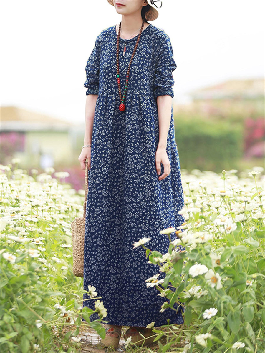 Plus Size, Plus Size Women Floral Print Maxi Dress Oversized Long Sleeve Crew Neck Vintage Holiday Casual Loose Long Dresses - Blue