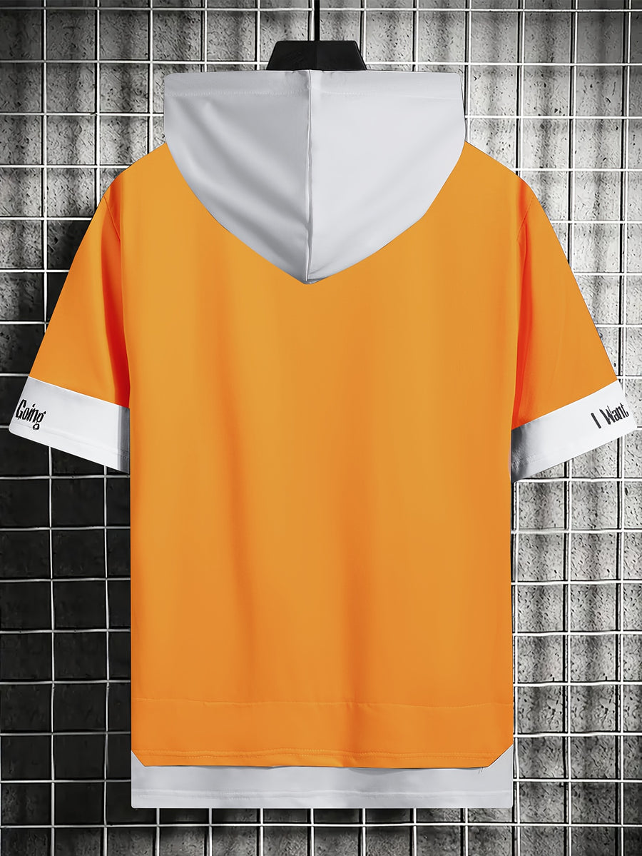 Color-Block Hooded Men'S Casual Letter Print Faux Two-Piece Short Sleeve T-Shirt - Yellow