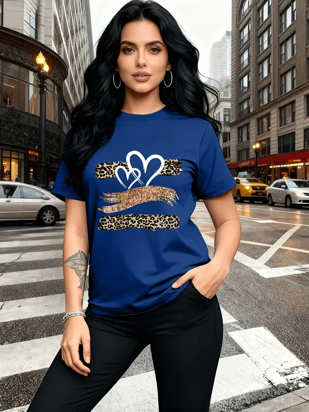 Leopard Print Heart Glitter-themed Pattern Print, Fashionable Breathable T-shirt, for Family Travel,, Casual S, Daily Commutes, Matching Outfits for Sisters, Versatile T-shirt 30057 - Blue 1