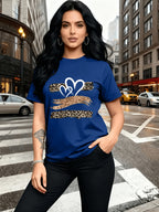 Leopard Print Heart Glitter-themed Pattern Print, Fashionable Breathable T-shirt, for Family Travel,, Casual S, Daily Commutes, Matching Outfits for Sisters, Versatile T-shirt 30057 - Blue 1