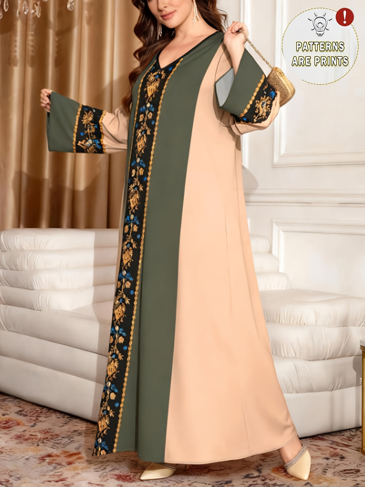 Women's Middle Eastern/European Ethnic Robe Dress - V-Neck -Line Maxi Dress with Arabic/Najdi Suitable for Daily Wear, Commuting, Parties | Loose Fit Long Sleeve Dress for, Hajj, Ramadan | Traditional Dress - ginger-colored