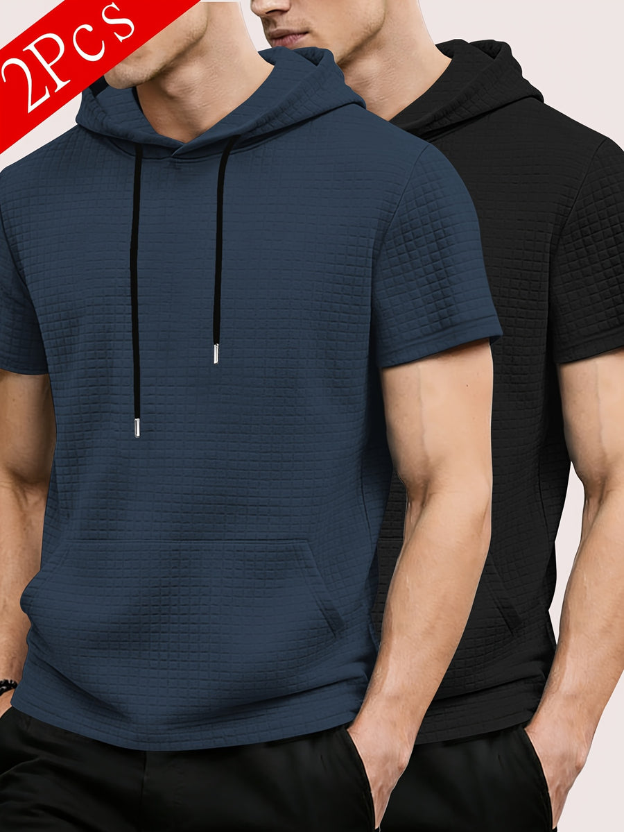 2pcs Men's Waffle Knit Short-Sleeve Hoodie with Kangaroo Pocket, Soft and Breathable Fabric, Multiple Color Options, Versatile, Simple, Stylish, and Casual for Daily Wear or Sports, a Great Choice for Holiday Gifts for Fathers, Partners, and Friends - Navy Blue+Black