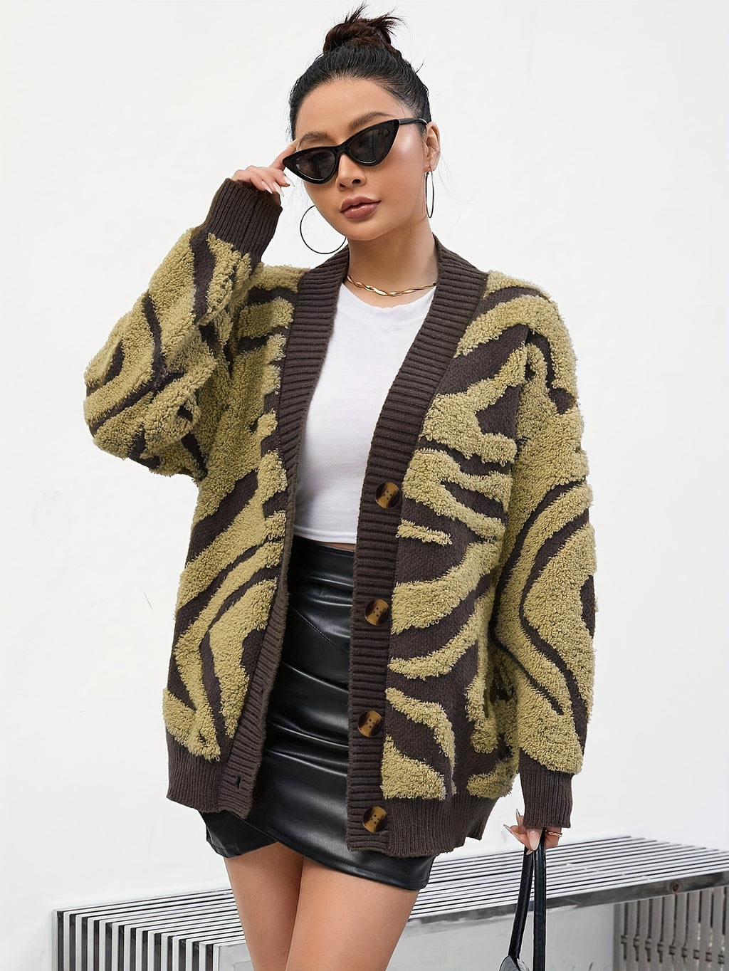 zdz080441 Fashionable Elegant Towel Cardigan Sweater - Coffee Brown