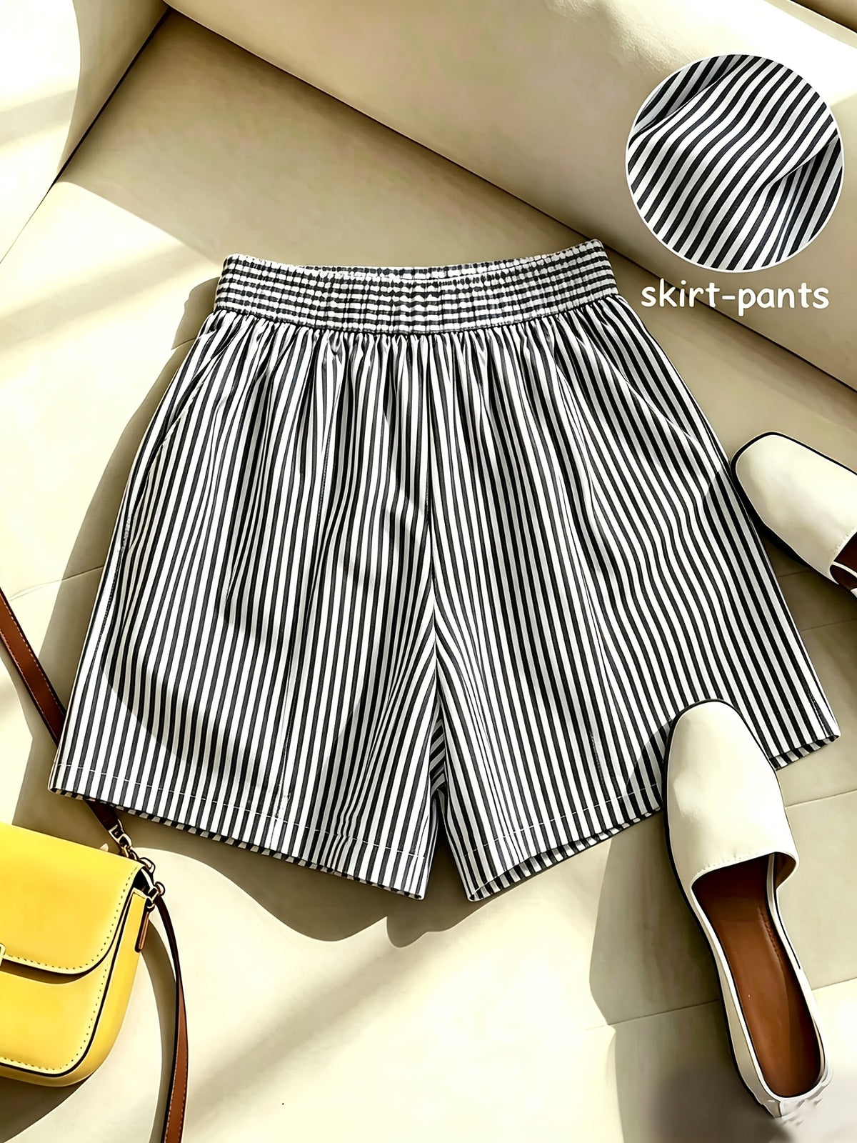 Elegant Fashion New Spring Summer Women'S Striped Back Elastic Button-A-Line Design Loose Casual Commuter All-Match High-Waist Skirt Pants - Black