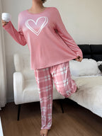 Women'S And Loungewear 2pcs Set, Spring Summer Autumn Casual Sleepwear, Comfortable Home Wear, Heart Checkered Theme Set, Loose Round Neck Long Sleeve Top And Elastic Waist Long Pants, Elegant Women'S Clothing for Holidays - Mixed colors