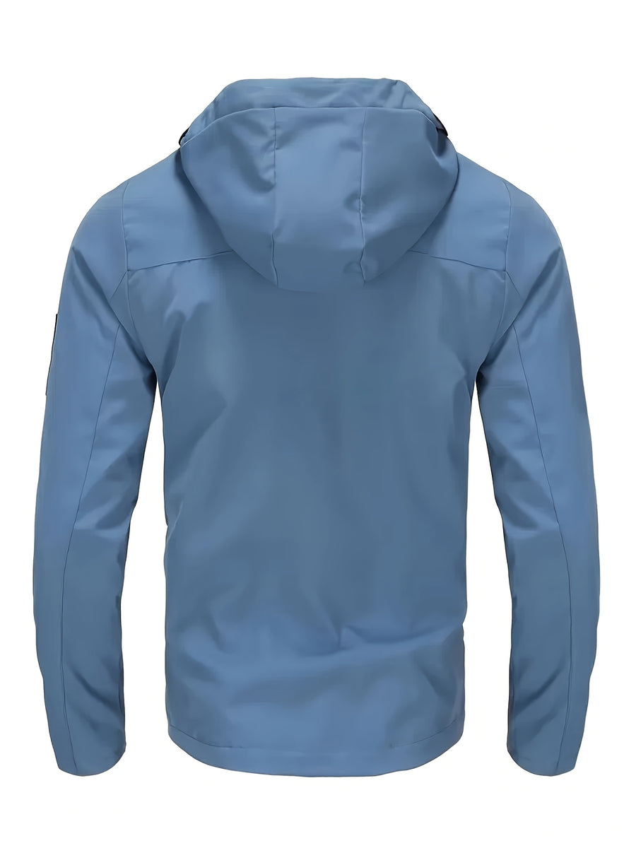 Men's Lightweight Softshell Jacket with Hood, 100% Polyester Solid Color, Regular Fit, Long Sleeves, Zippered Pockets, Outdoor Casual Style - Blue+Khaki