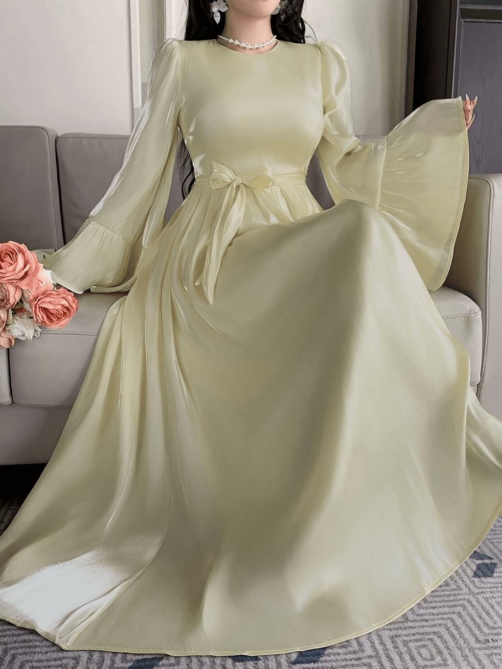 [WY260306061] Elegant Style Yellow Satin Long Dress Women'S Round Neck Bell Sleeve Tie-Waist Flowing Wedding Guest Party Formal Evening Dress - Yellow