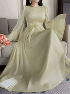 [WY260306061] Elegant Style Yellow Satin Long Dress Women'S Round Neck Bell Sleeve Tie-Waist Flowing Wedding Guest Party Formal Evening Dress - Yellow