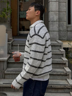 Contrast Color Basic Knit Shirt, Black and Gray Striped Lapel Men's Polo Sweater, Fashionable Casual Top, Suitable for Autumn/Winter - Black And Gray Stripes