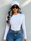 Solid Color Long Sleeve Round Neck Top, Casual Slim-Fit T-Shirt, Essential for Casual Wear and Shopping, Made of Stretch Fabric, Machine Washable Base Layer Shirt Suitable for All Seasons - White