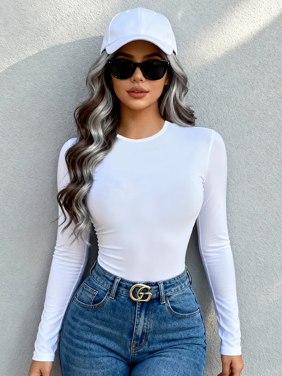 Solid Color Long Sleeve Round Neck Top, Casual Slim-Fit T-Shirt, Essential for Casual Wear and Shopping, Made of Stretch Fabric, Machine Washable Base Layer Shirt Suitable for All Seasons - White