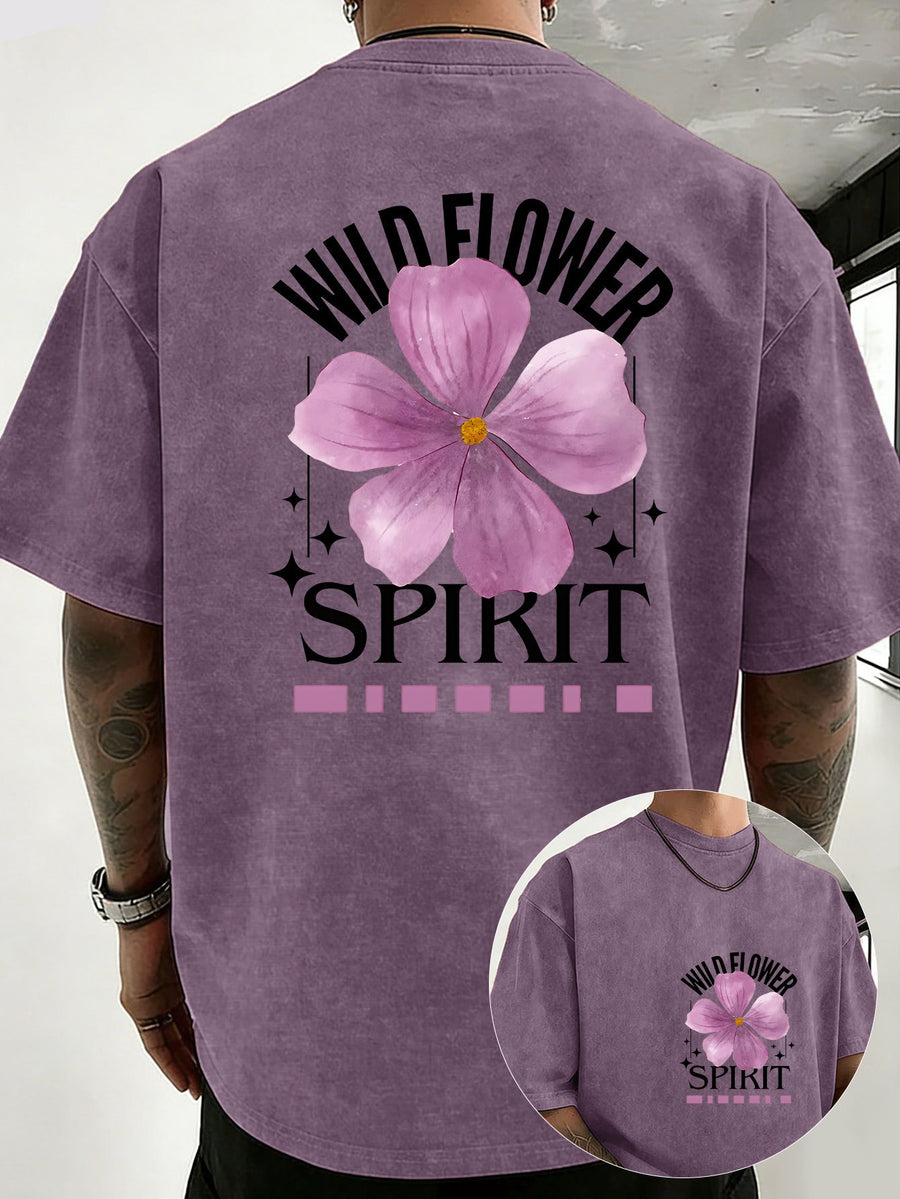 Mid-Summer Vacation Style Unisex T-Shirt, Pure Washed Distressed, Double-Sided Print, Breathable And Sweat-Absorbent, Loose Fit Outdoor Hiking Sports Trendy Casual Short Sleeve, Sweat-Resistant - Purple