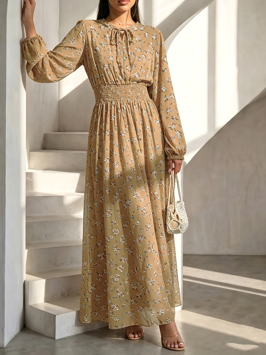 1pc Muslim Women's Floral Print Maxi Dress, Long Sleeve Loose Fit Modest Dress with Smocked Waist and Tiered Skirt, Elegant Casual Outfit for Ramadan, Eid, Daily Wear, Travel & Family Gatherings - Orange